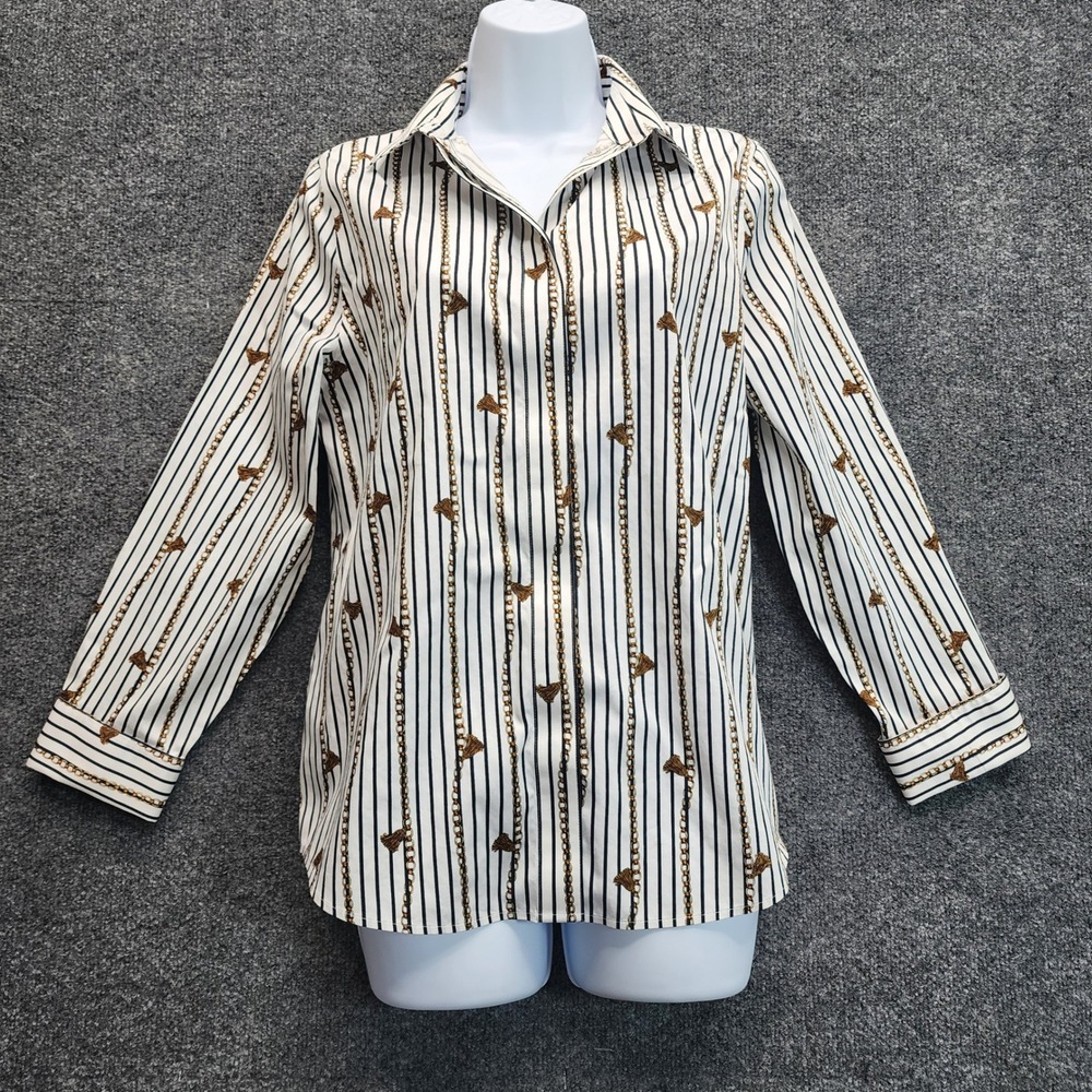Chico's No Iron Chain Stripe Tassel Print Cotton Button Front Shirt Women's Sz 0